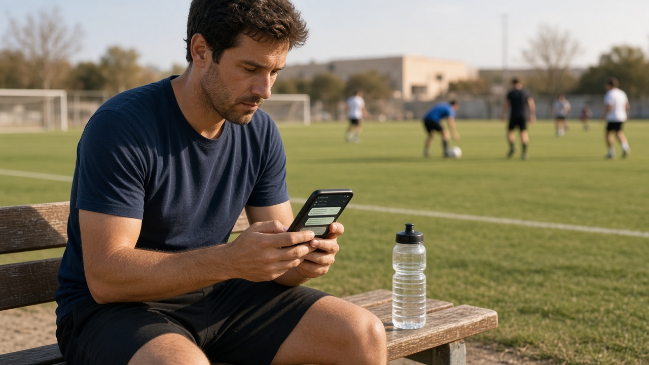 Jugador de fútbol amateur sentado en el banquillo de un campo municipal un miércoles por la tarde revisando el grupo de WhatsApp del equipo