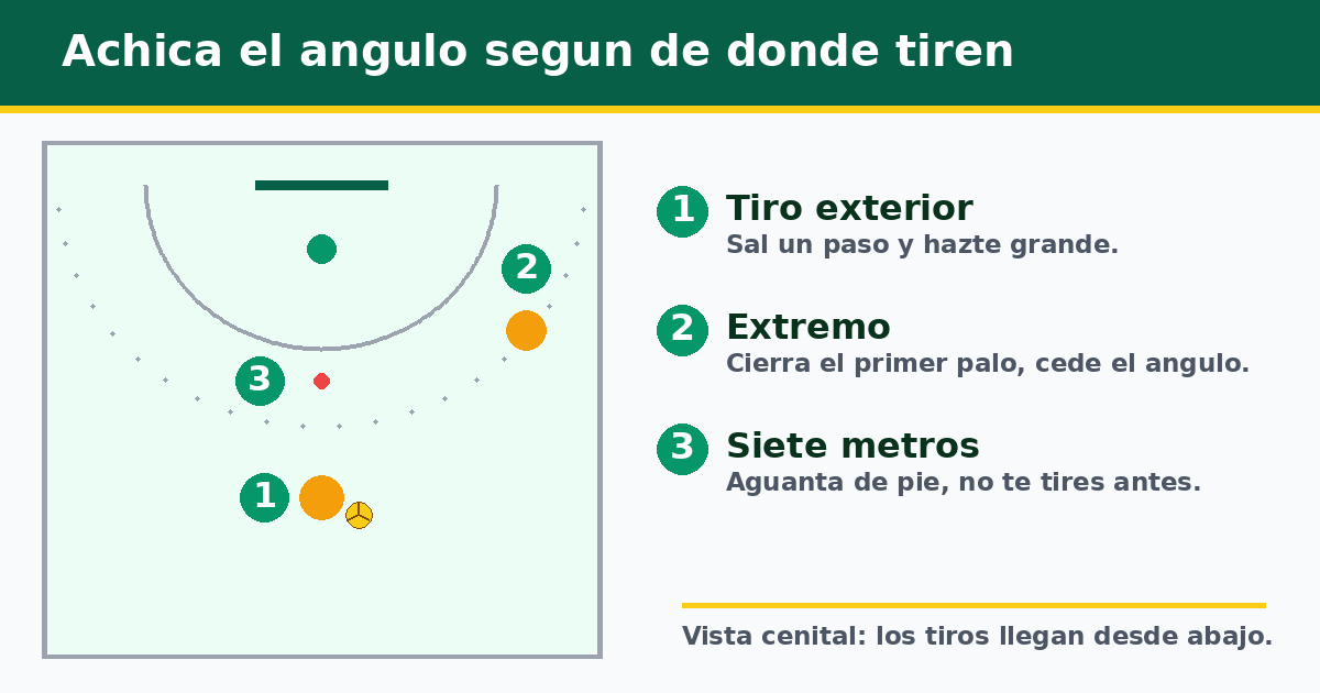 Dónde colocarte según el tiro en balonmano: salir en el tiro exterior, cerrar el primer palo ante el extremo y aguantar de pie en el siete metros