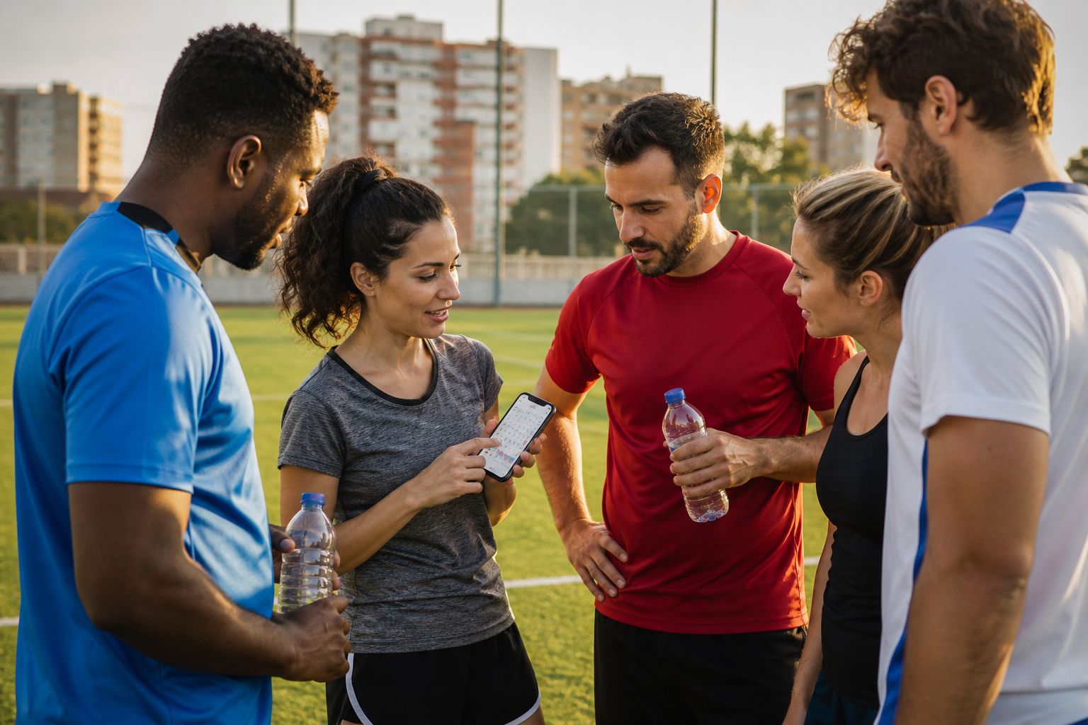 Grupo de deportistas amateur revisando el calendario de partidos en un campo municipal a principios de septiembre