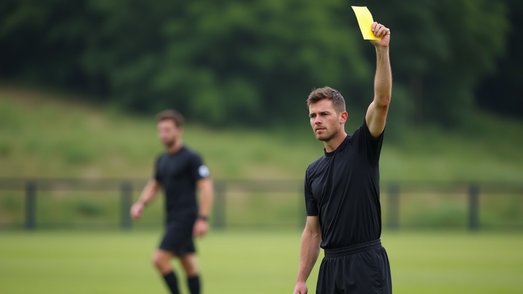 Arbitro de futbol amateur mostrando una tarjeta amarilla en alto a un jugador.