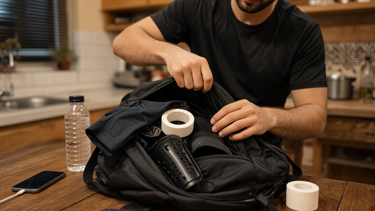 Jugador amateur preparando la mochila de fútbol en casa un viernes por la noche