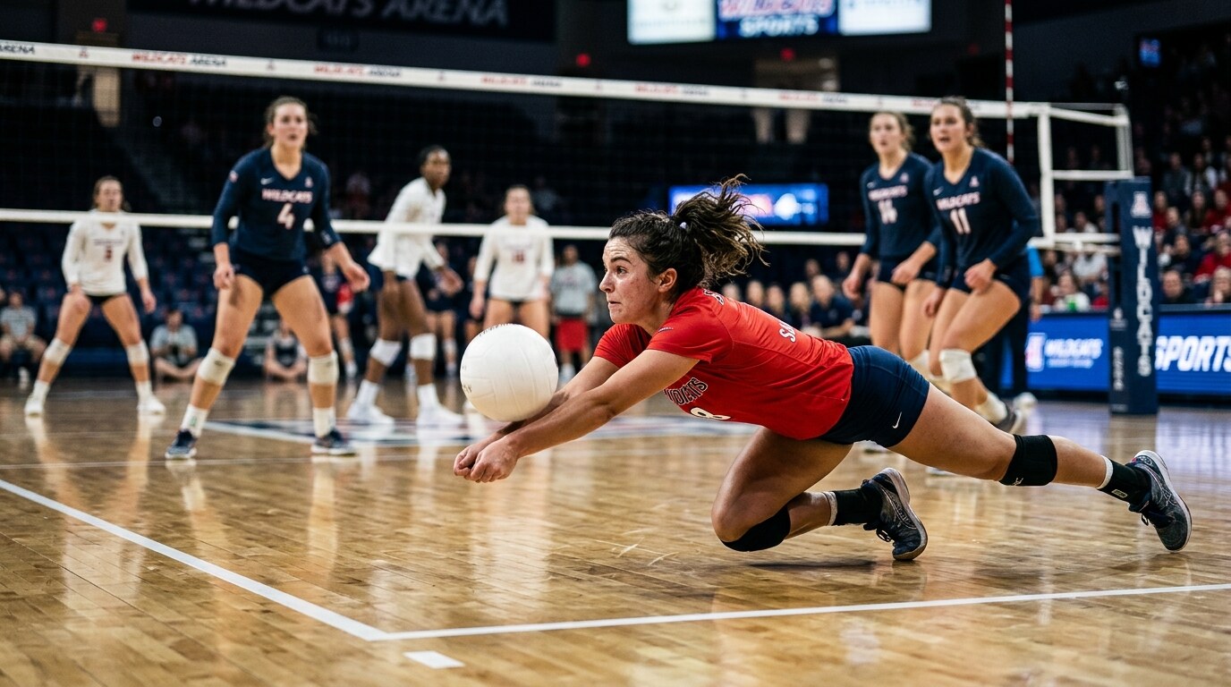 Libero de voleibol con camiseta roja, distinta a la de su equipo de azul, tirandose a defender un balon.