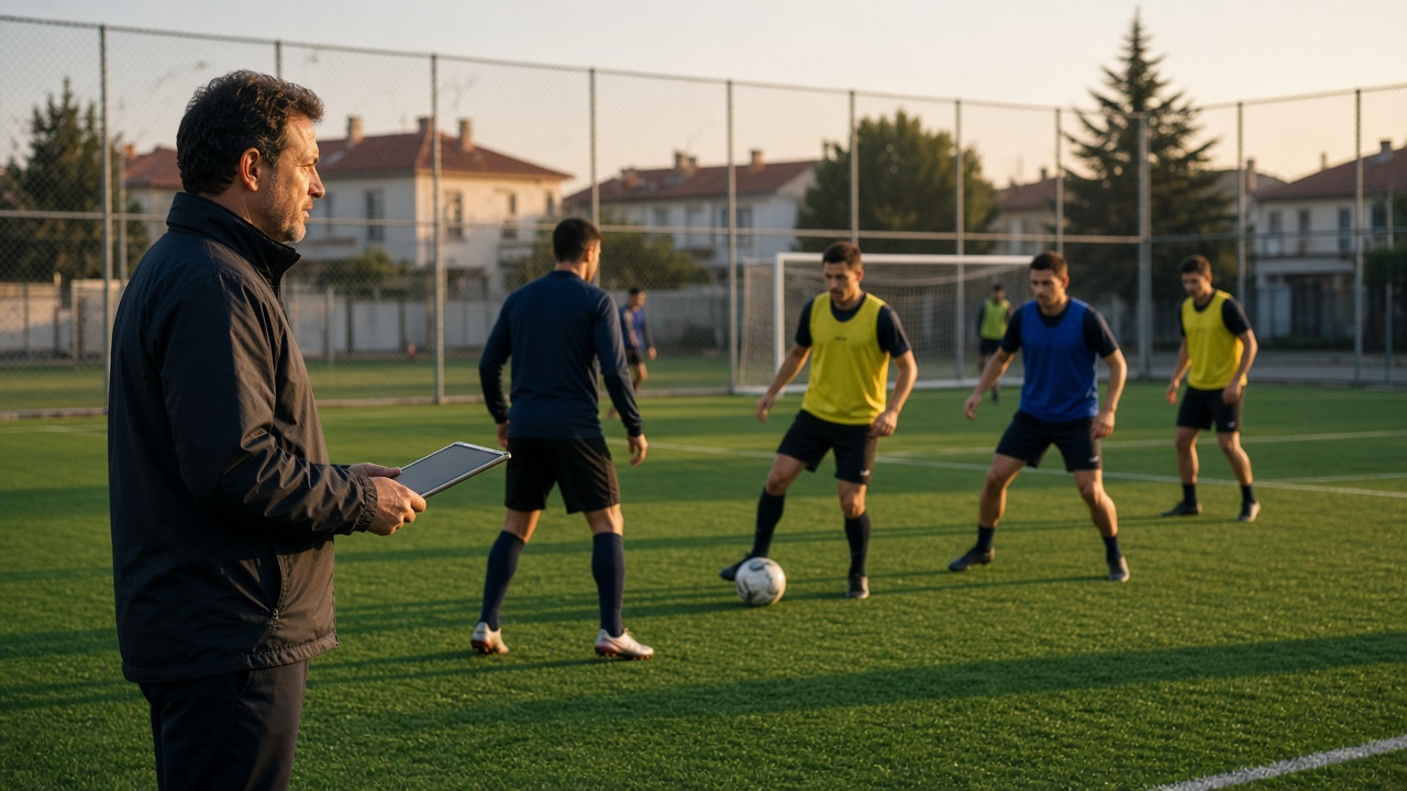 Entrenamiento de liga amateur un martes por la tarde en un campo municipal