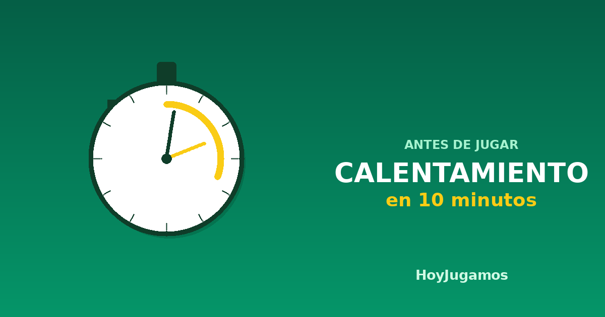 Ilustración de un cronómetro con el rótulo Calentamiento en 10 minutos antes de jugar de HoyJugamos