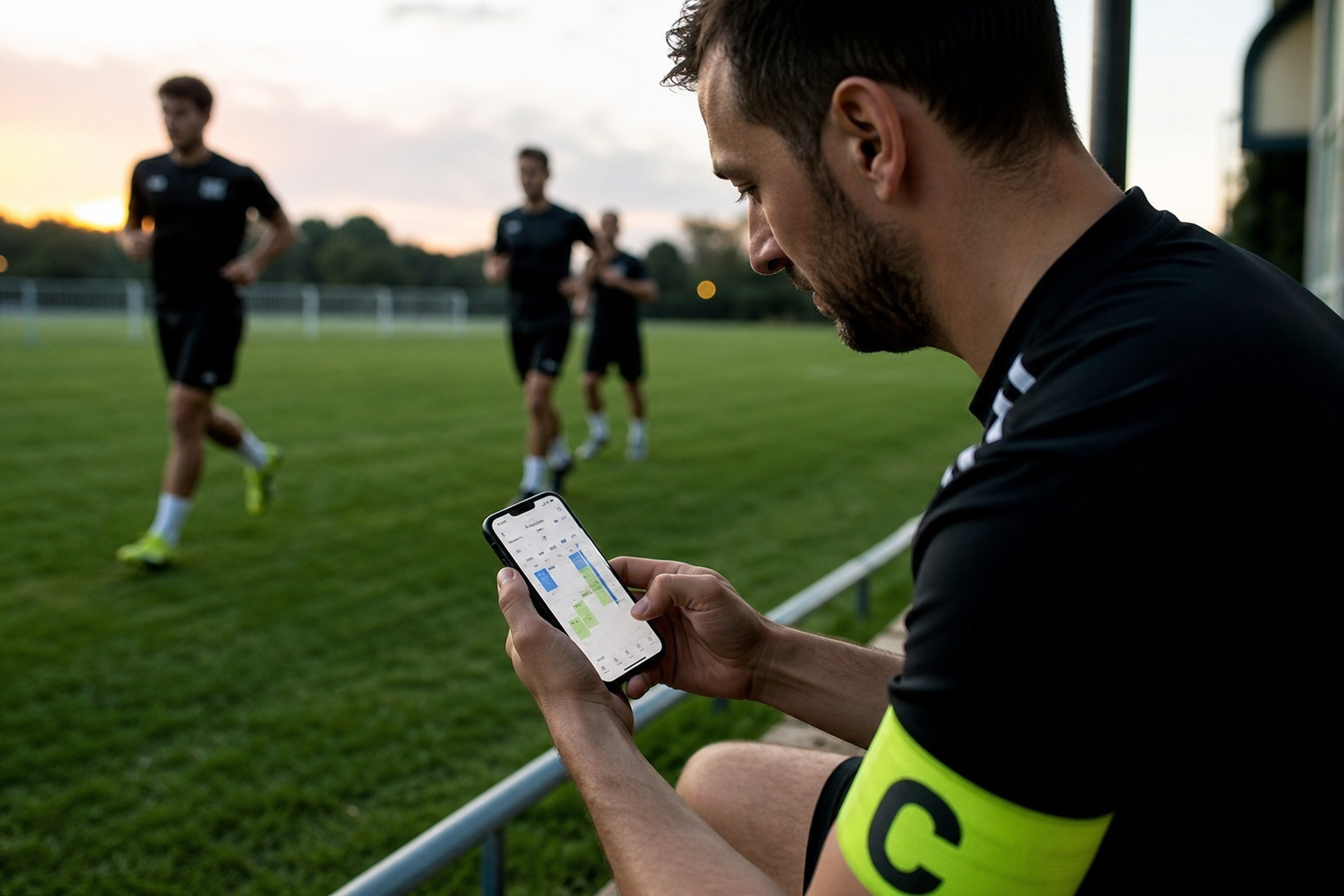 Capitán de equipo amateur revisando el plan de entrenamientos de la semana en el móvil en el banquillo del campo