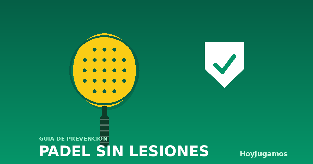 Ilustración de una pala de pádel y un escudo con un check, con el rótulo Pádel sin lesiones de HoyJugamos