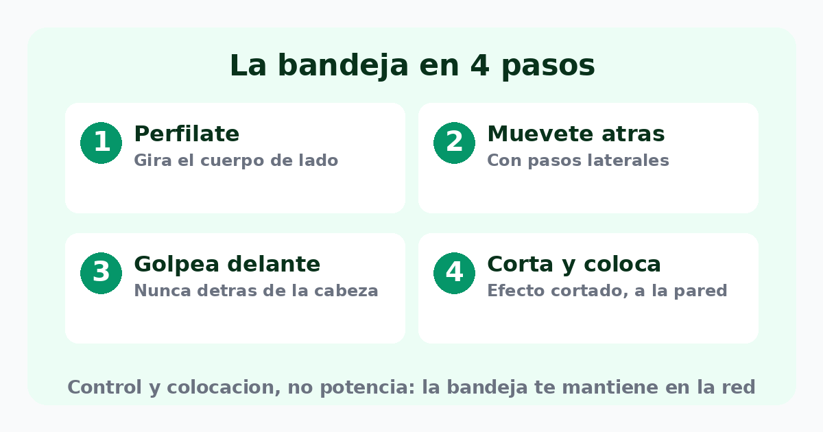 La bandeja en 4 pasos: perfílate, muévete atrás con pasos laterales, golpea con la bola delante y corta el golpe colocándolo a la pared