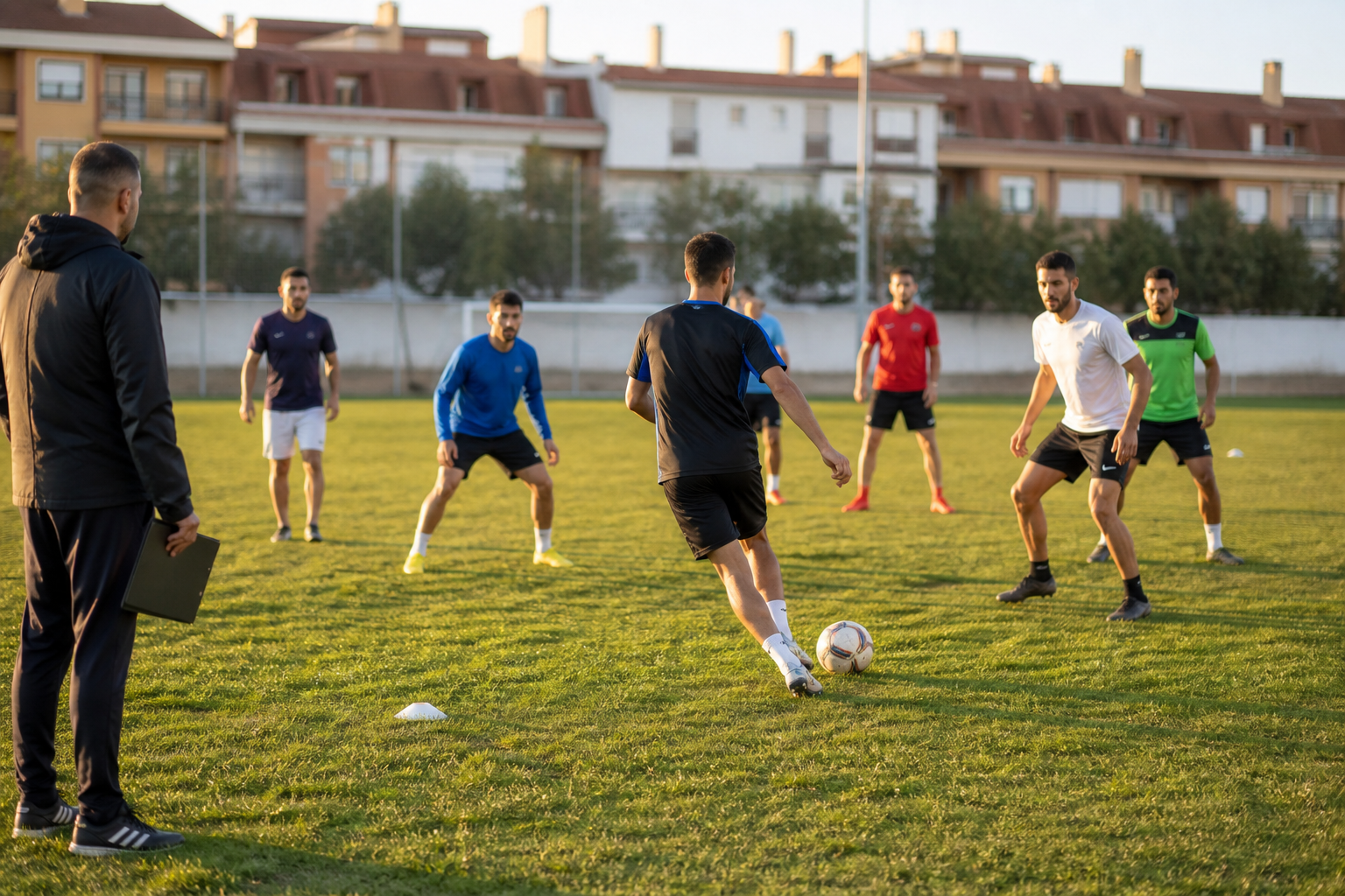 Equipo de fútbol amateur entrenando un martes por la tarde en un campo municipal con luz dorada