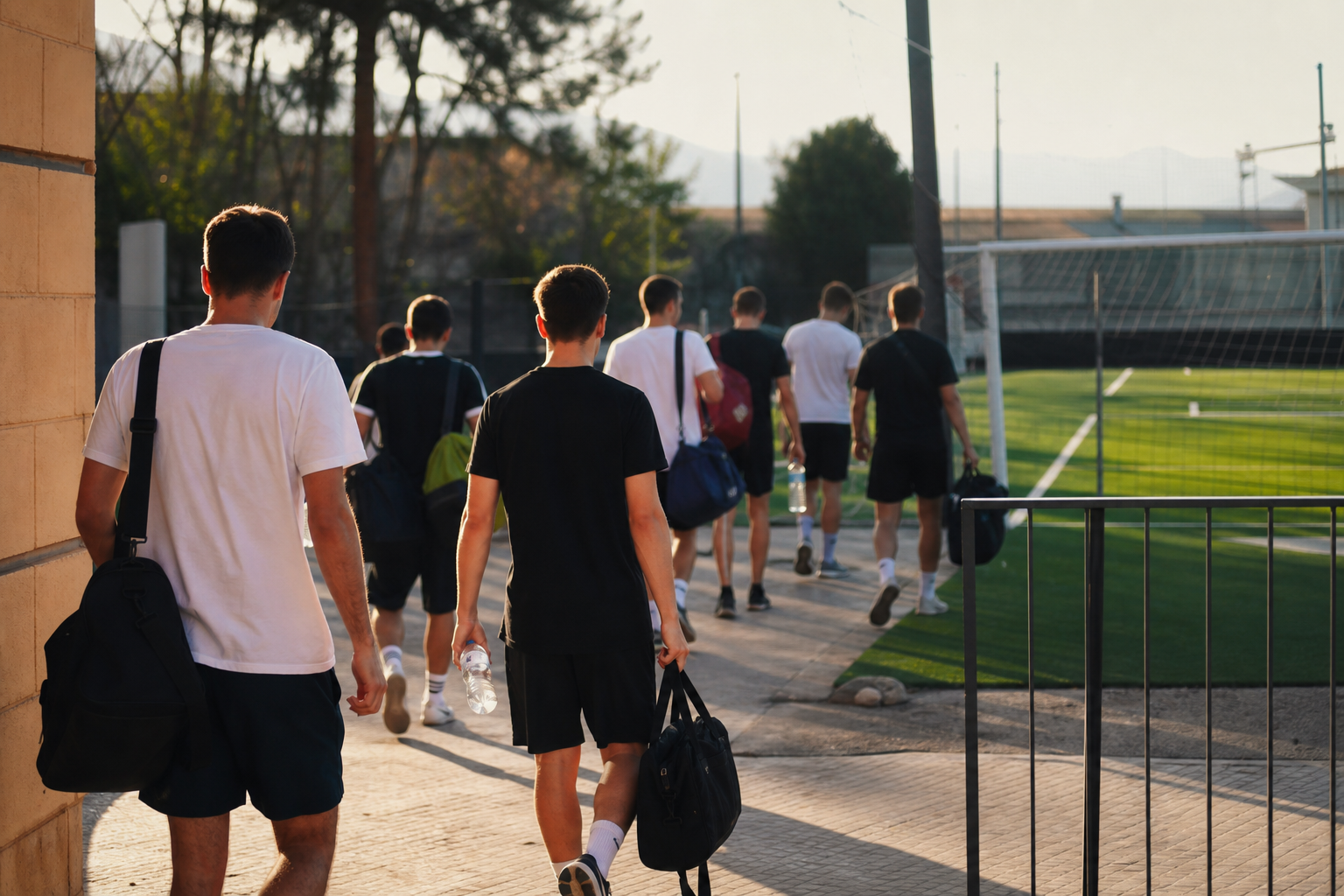 Equipo amateur llegando a un campo municipal visitante con bolsas deportivas un domingo por la mañana
