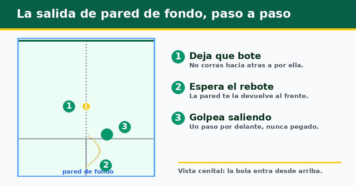 La salida de pared de fondo paso a paso: deja que la bola bote en el suelo, espera a que rebote en la pared y golpea saliendo hacia delante