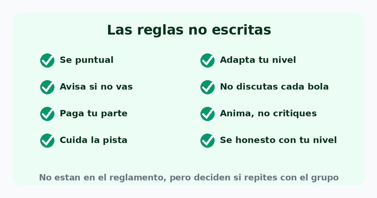 Las reglas no escritas del deporte amateur: sé puntual, avisa si no vas, paga tu parte, cuida la pista, adapta tu nivel, no discutas cada bola, anima y sé honesto con tu nivel