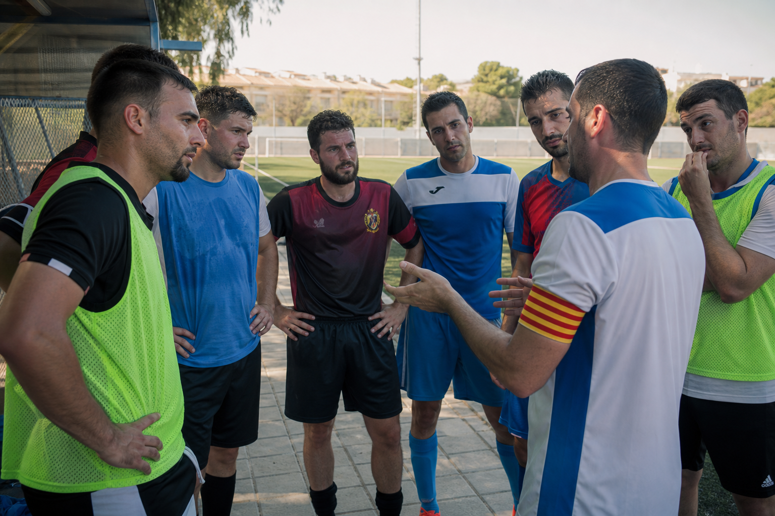 Equipo amateur charlando en la banda tras un partido de liga dominical