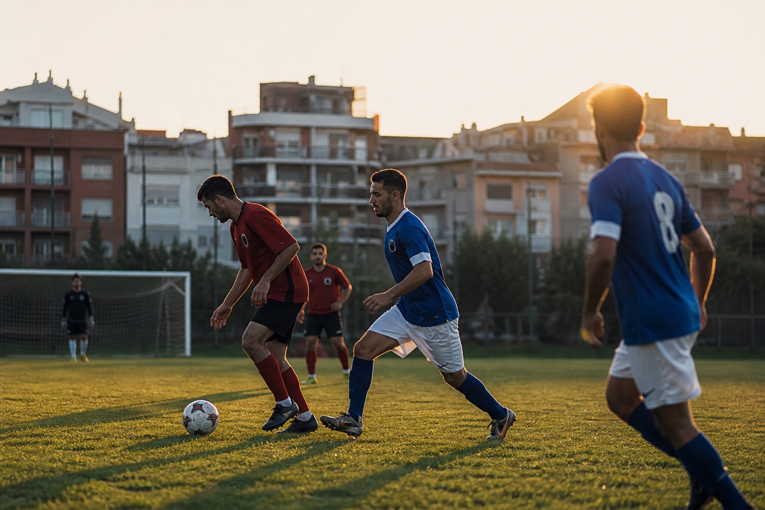 Partido de fútbol amateur en un campo municipal al atardecer, jugadores en acción sobre césped.