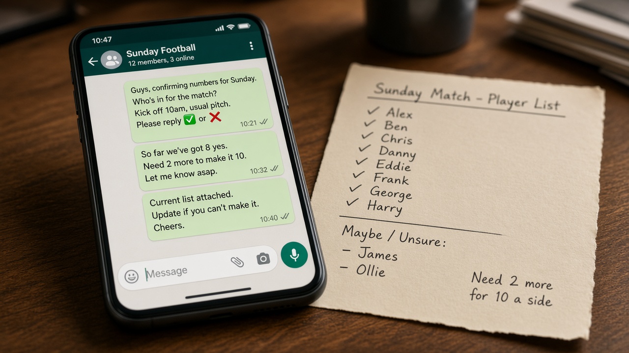 Smartphone sobre un escritorio con el grupo de WhatsApp del equipo y una lista de convocados para el partido del domingo