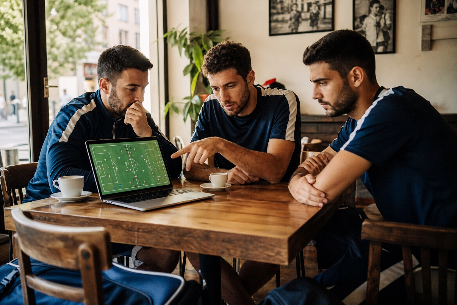 Jugadores de fútbol amateur revisando notas del partido con un portátil en un café el lunes por la mañana