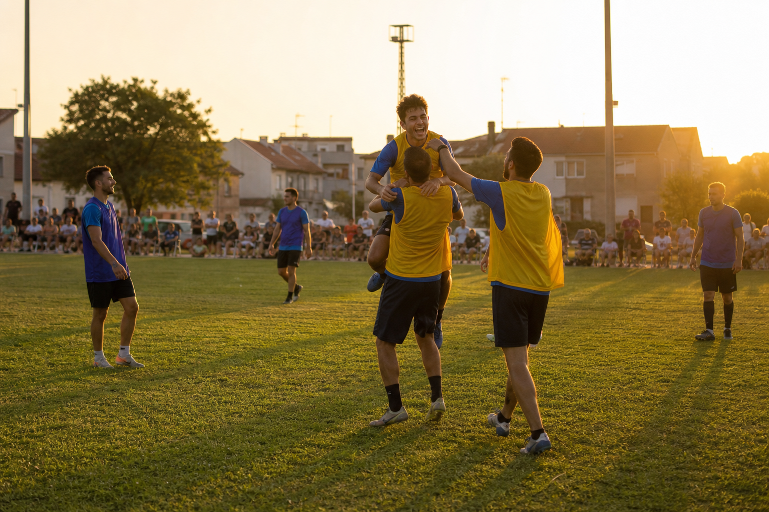 Partido de fútbol amateur en un campo municipal al atardecer de principios de septiembre