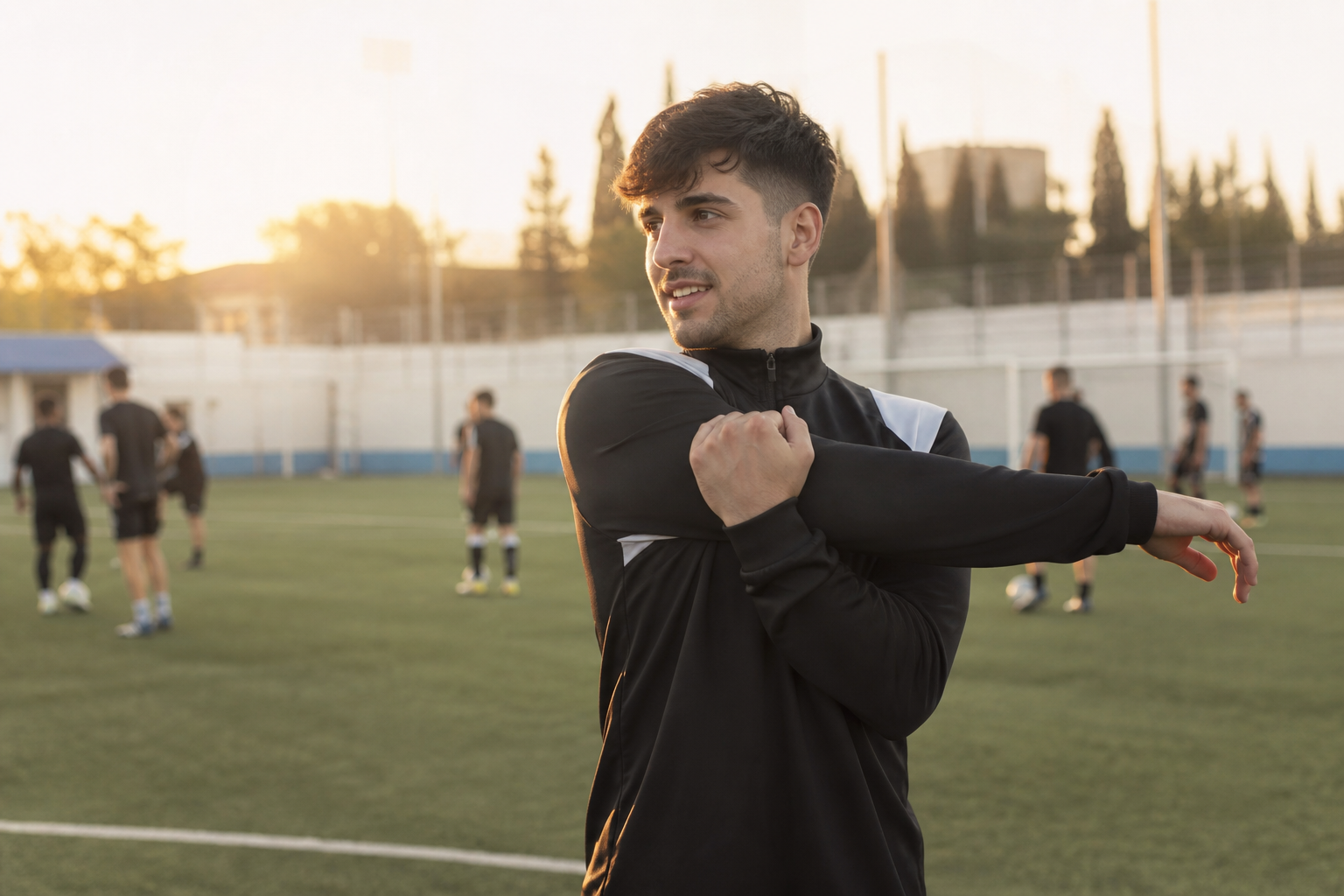 Jugador amateur estirando en un campo municipal al amanecer, fresco y preparado