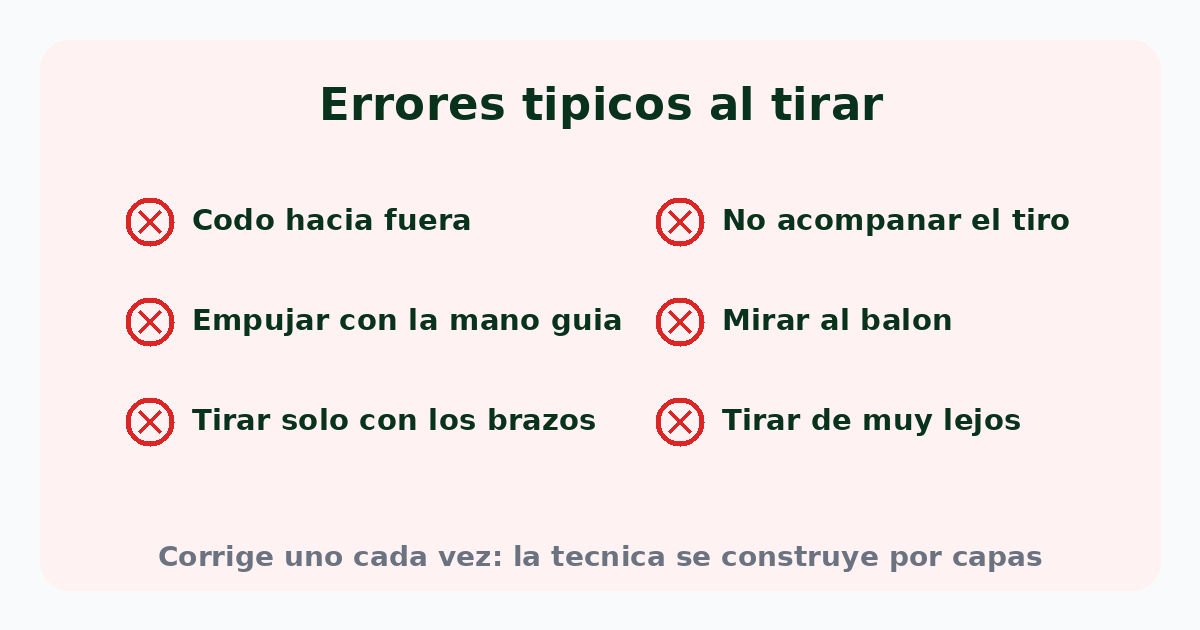 Errores típicos al tirar a canasta: codo hacia fuera, empujar con la mano guía, tirar solo con los brazos, no acompañar, mirar al balón y tirar de muy lejos