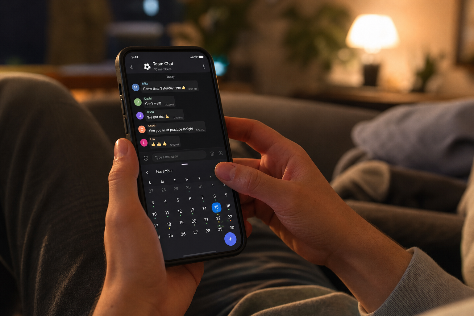 Manos revisando el móvil con el calendario y el chat del equipo antes del partido del domingo