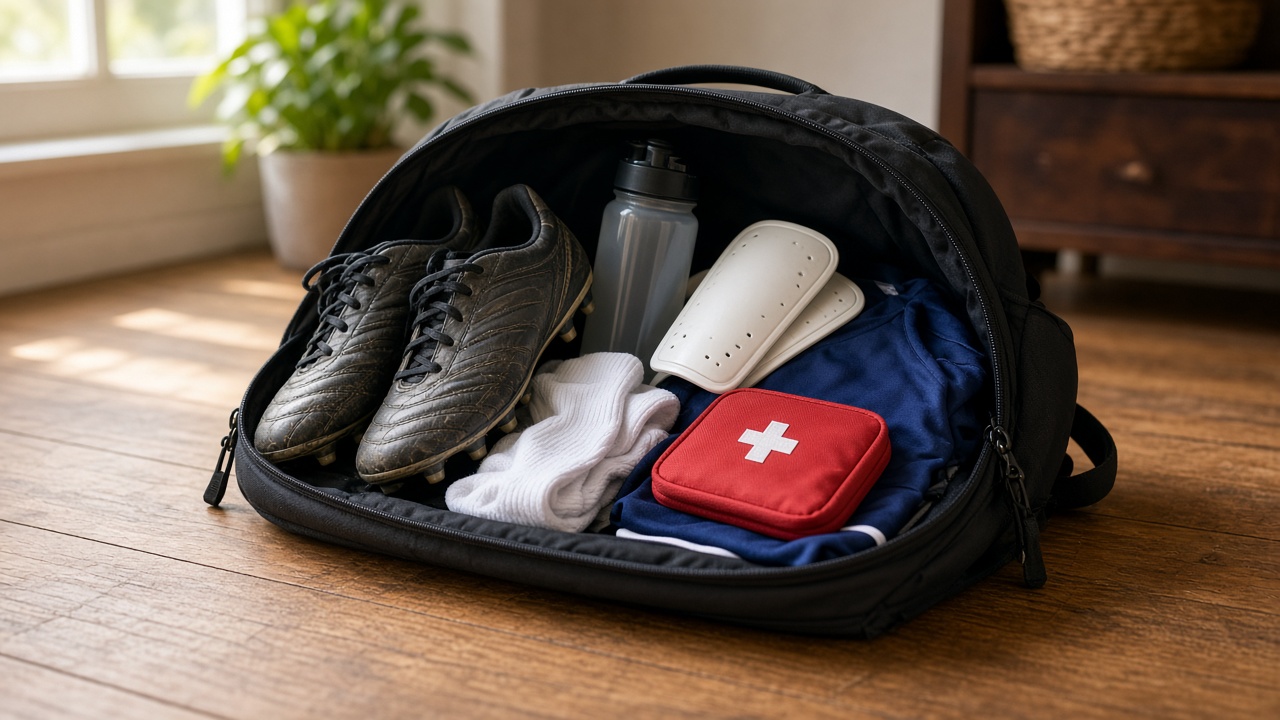 Mochila deportiva abierta con botas, botella de agua, espinilleras y botiquín preparados para el partido
