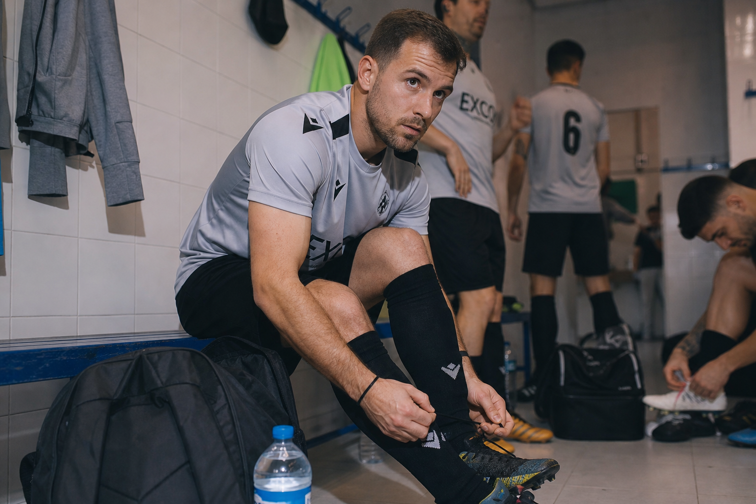 Jugador amateur en el vestuario antes de un partido, concentrado mientras se ata las botas