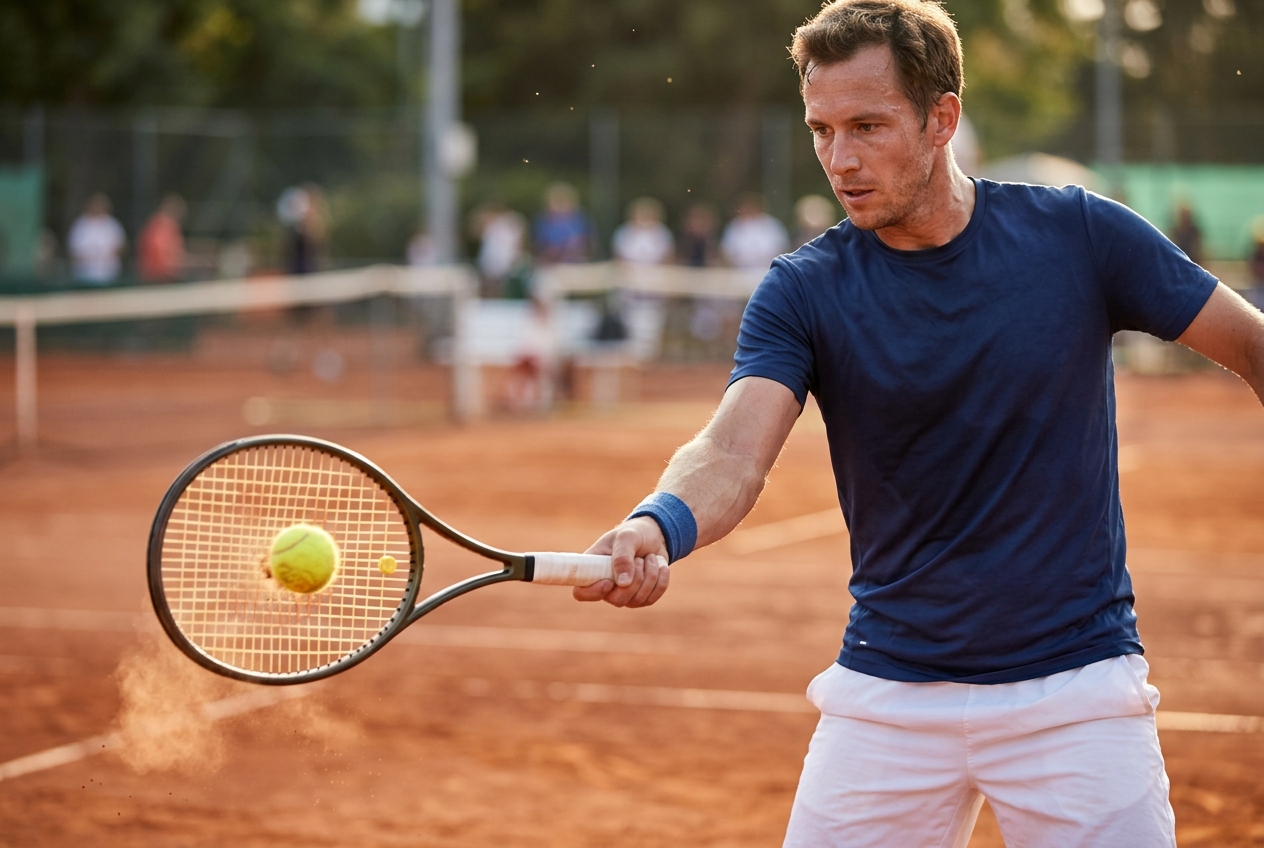 Jugador de tenis golpeando un derecha en una pista de tierra batida, con la raqueta y el balon en el punto de impacto.