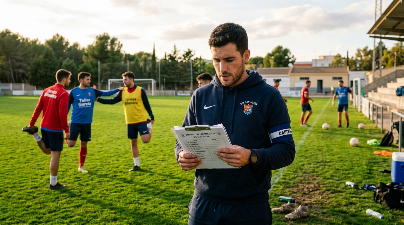 Capitán de equipo amateur revisando la lista definitiva en un campo de entrenamiento un viernes por la tarde