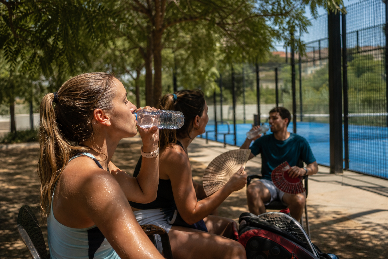 Jugadores amateur recuperándose a la sombra junto a una pista, bebiendo agua tras un partido con calor
