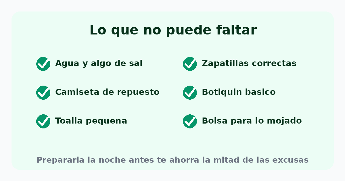 Lista de lo que no puede faltar en la bolsa de deporte: agua, camiseta de repuesto, toalla, zapatillas, botiquín y bolsa para la ropa mojada