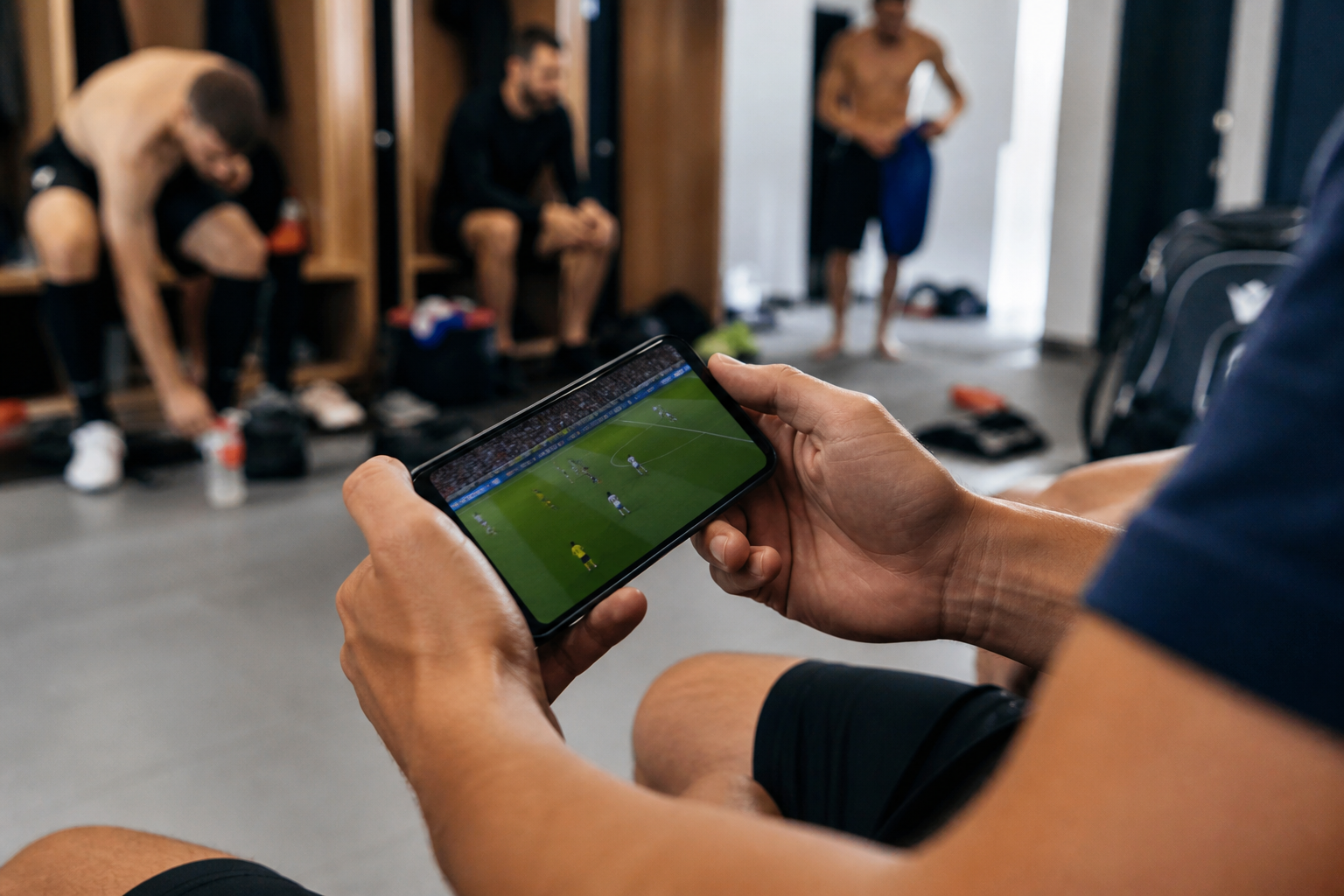 Jugador revisando un vídeo del partido en el móvil en el vestuario