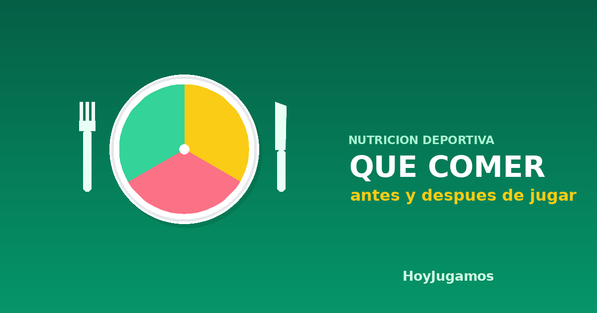 Ilustración de un plato de comida con cubiertos y el rótulo Qué comer antes y después de jugar de HoyJugamos