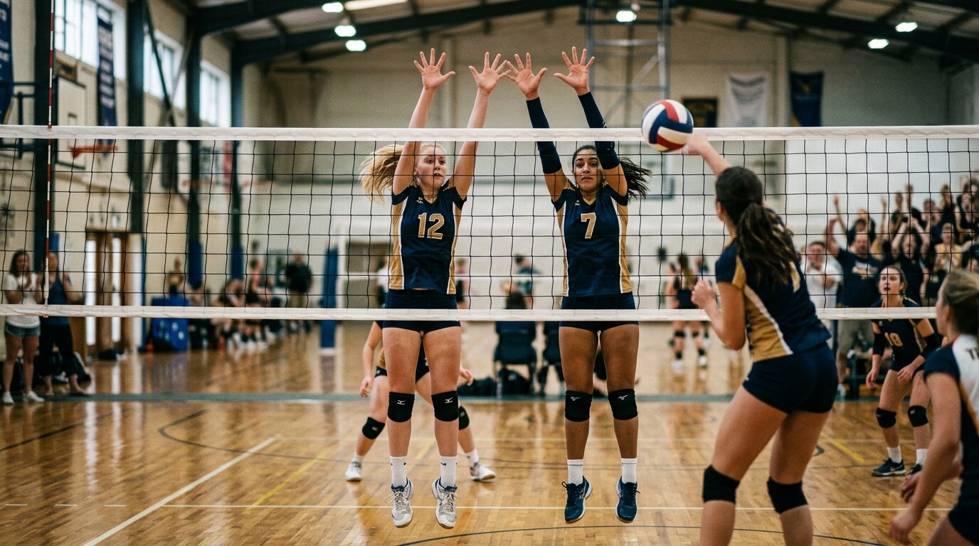 Dos jugadoras de voleibol saltan en la red con los brazos arriba para bloquear un remate.