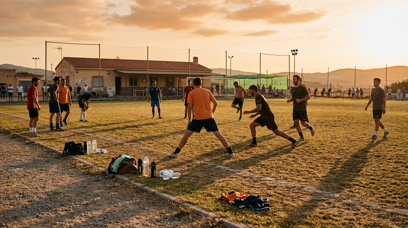 Jugadores amateur calentando en un campo de fútbol al atardecer en verano