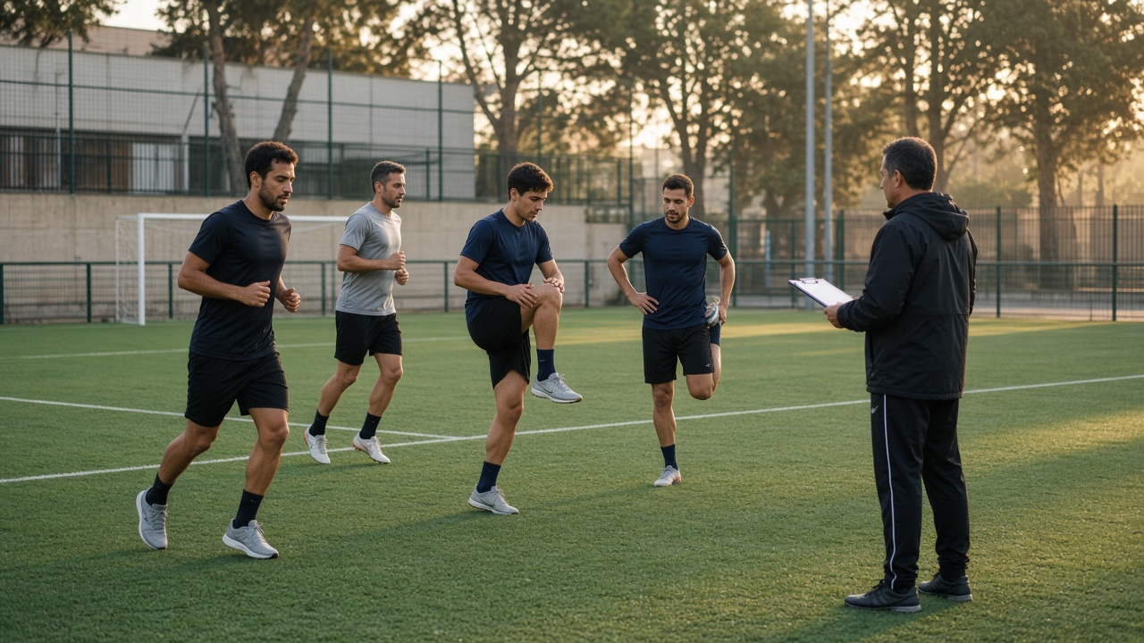 Jugadores amateur haciendo activación ligera en el campo un viernes por la tarde
