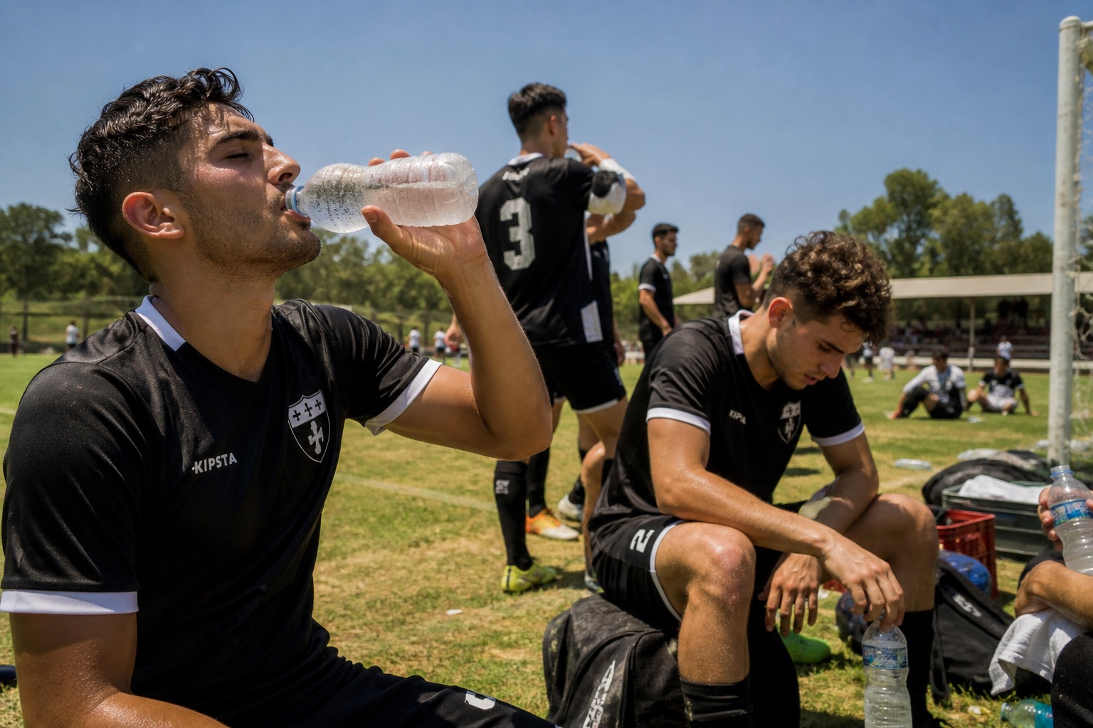 Jugadores amateur bebiendo agua en un campo deportivo al aire libre en pleno verano, con botellas y equipamiento visible.