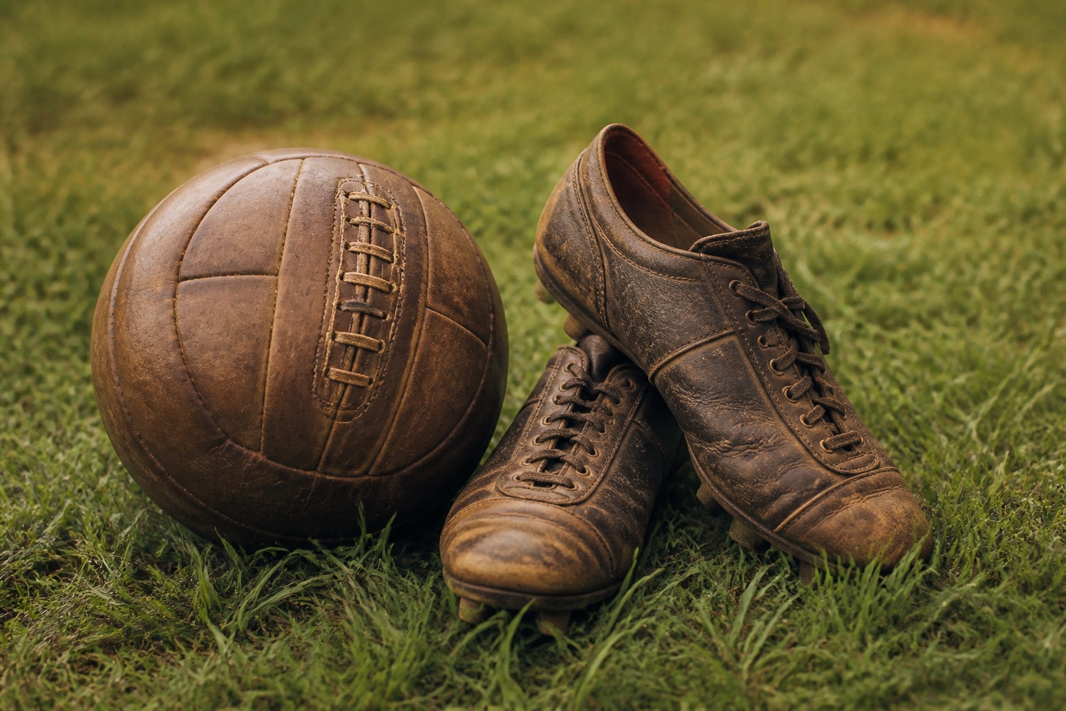 Balón de cuero antiguo sobre césped junto a botas de fútbol clásicas, evocando los orígenes del deporte.