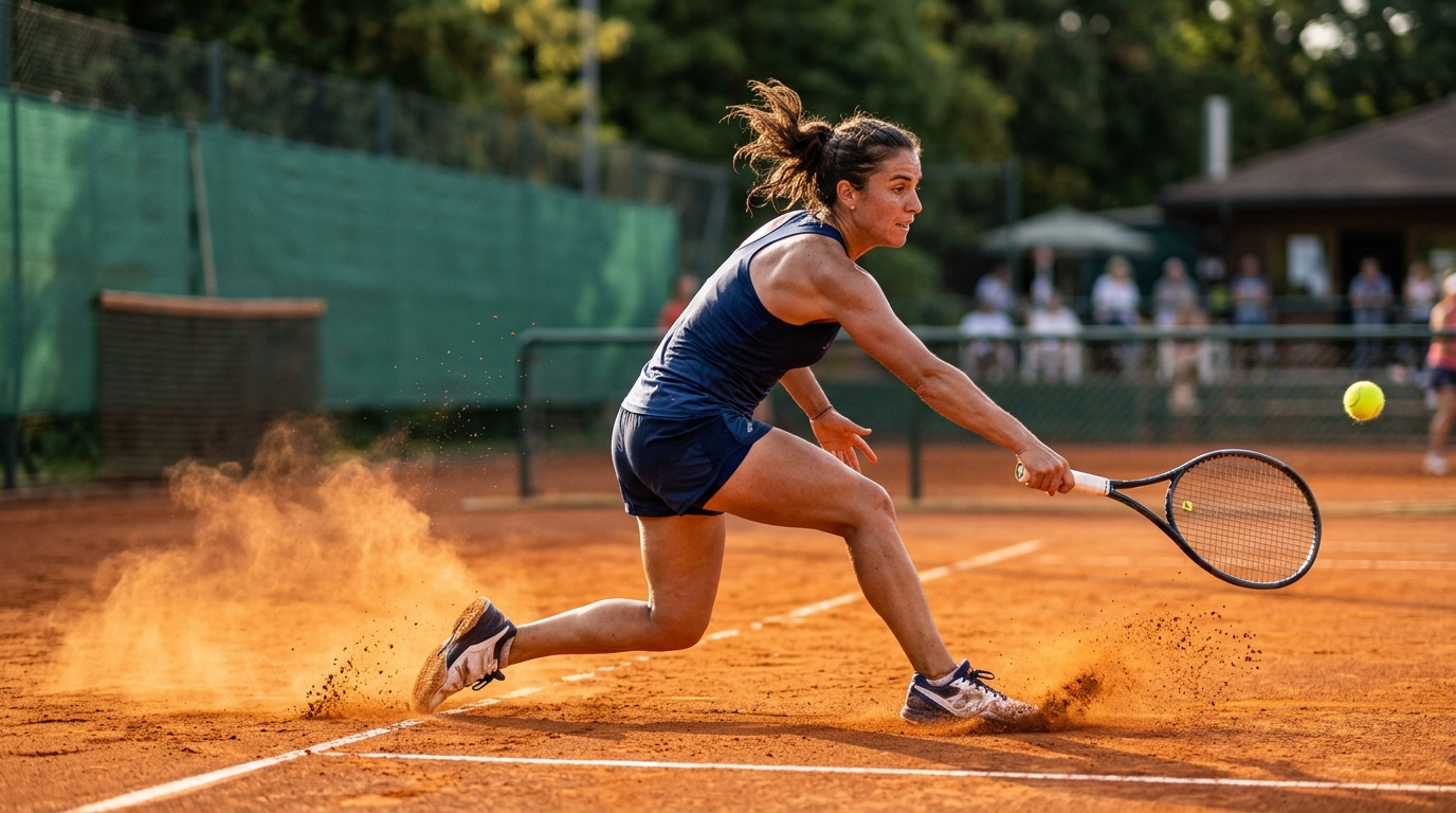 Jugadora de tenis deslizándose para golpear una derecha en una pista de tierra batida