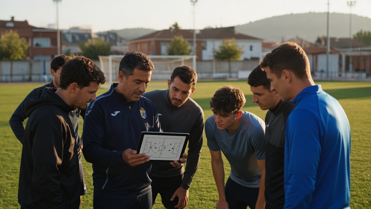 Equipo de fútbol amateur repasando una jugada táctica con una tablet en un campo municipal un jueves por la tarde