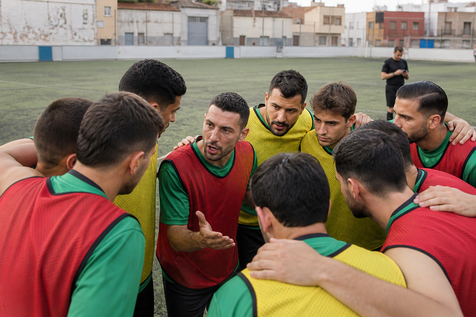 Equipo amateur en ronda antes del pitido inicial en un campo municipal